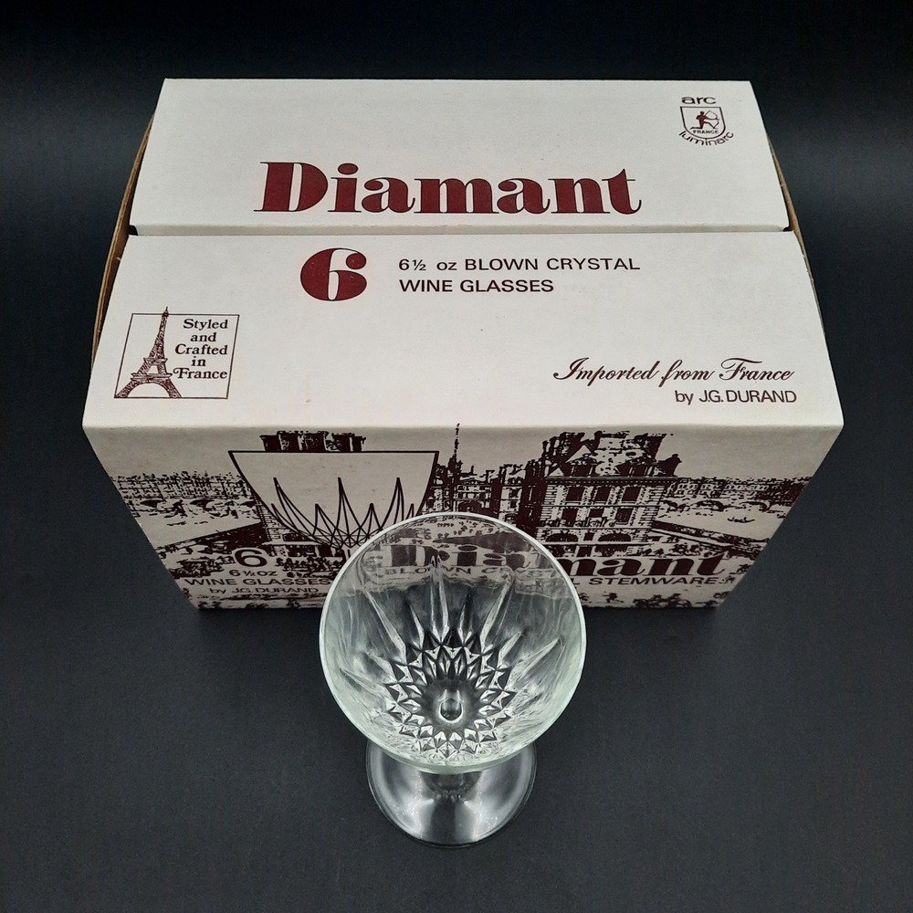 J G Durand Diamant 6 1/2 oz Blown Crystal Wine Glasses France Set of 6 - Picture 3 of 5